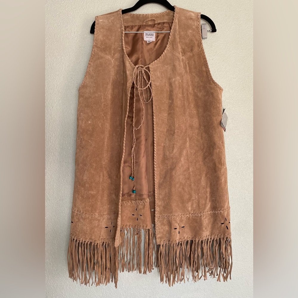 Womens Native American Wilson Leather Suede Fringe Vest Tan Outfit XL 14 - Picture 2 of 16